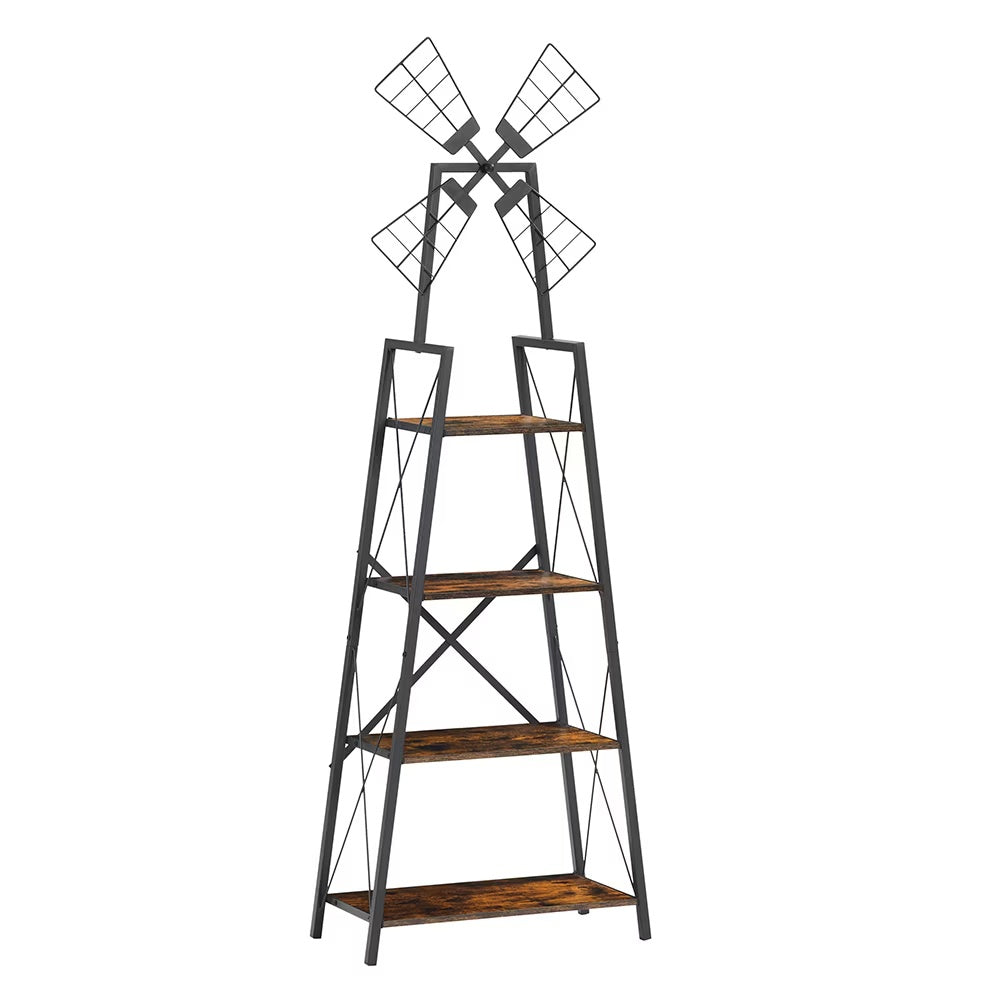Shopi Vella 4-tier windmill bookshelf with metal frame and wooden shelves perfect for clothing and wardrobe storage