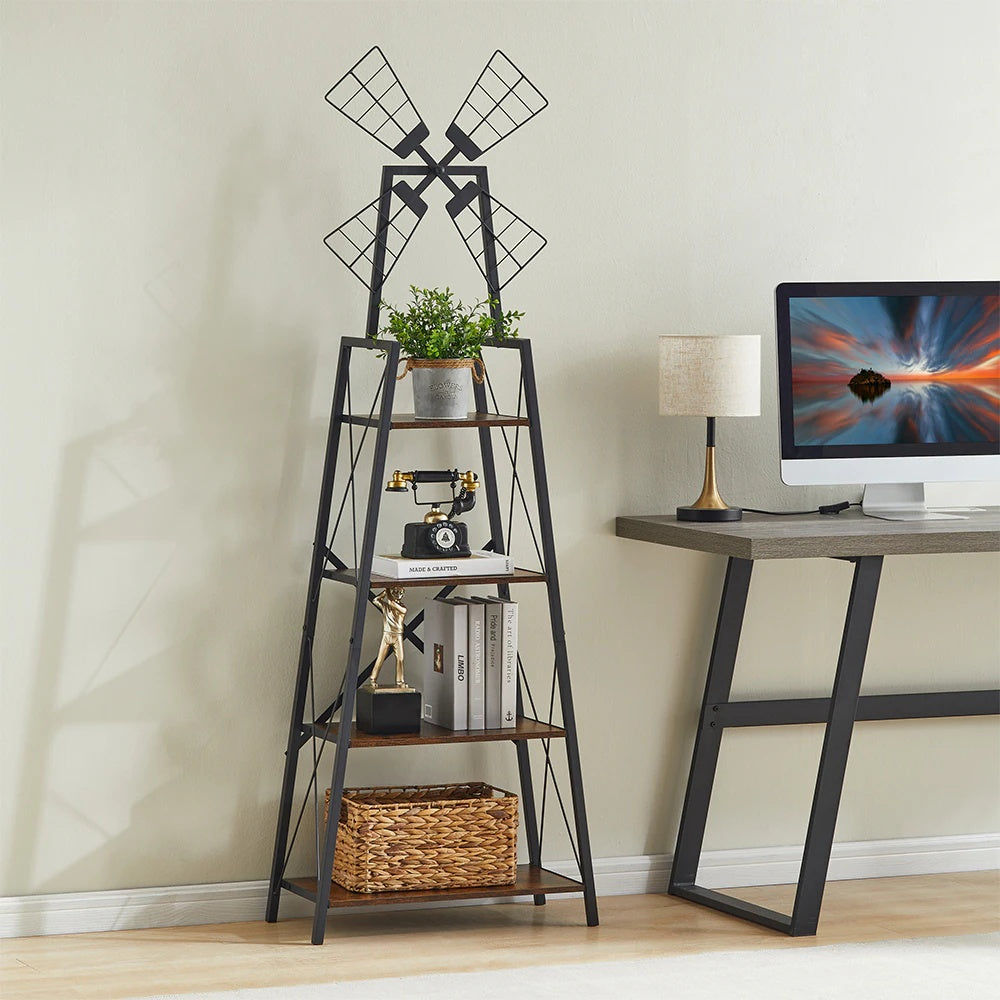 Shopi Vella 4-tier windmill bookshelf with metal frame and wooden shelves displaying decor and books