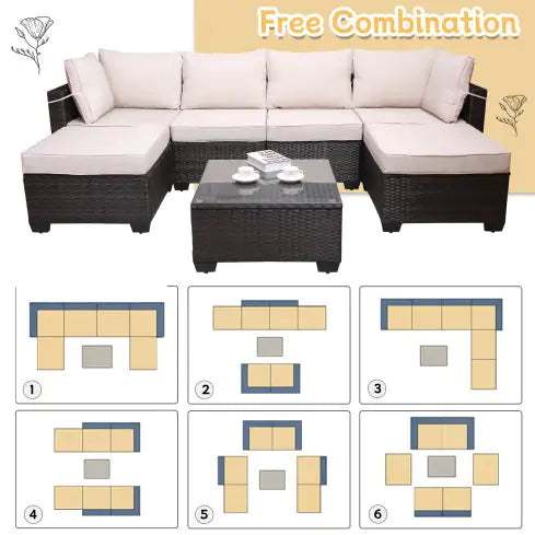 7 piece outdoor patio furniture set with beige cushions and dark wicker frame, includes sectional sofa and coffee table