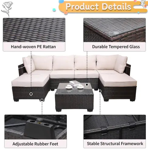 7 piece outdoor patio furniture set with hand-woven PE rattan, tempered glass table, and beige cushions