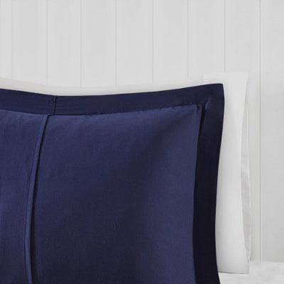 Shopi Vella navy blue pillowcase from Scotchgard comforter set with white pillows and white paneled wall