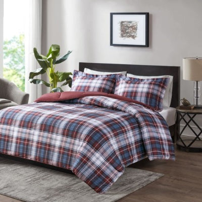 Shopi Vella Scotchgard comforter set with red blue and white plaid pattern on bed in modern bedroom