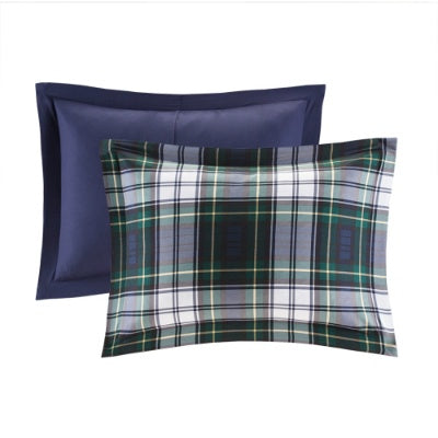Shopi Vella Scotchgard comforter set with green and navy plaid pillowcases for cozy bedding
