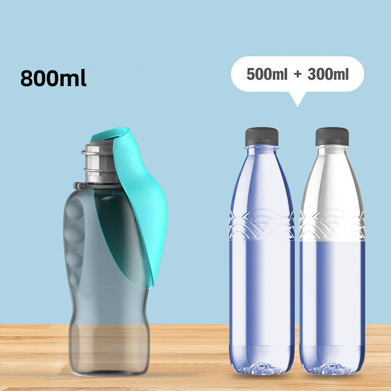 800ml high capacity dog water bottle by Shopi Vella with a blue foldable drinking spout next to two water bottles