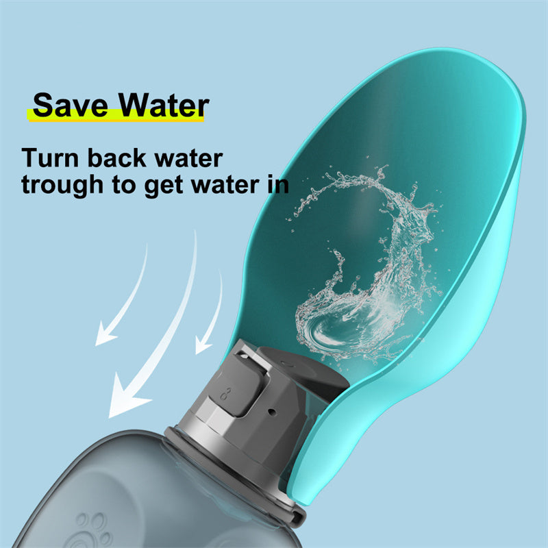 800ml high capacity dog water bottle with a teal water trough for easy drinking and water saving
