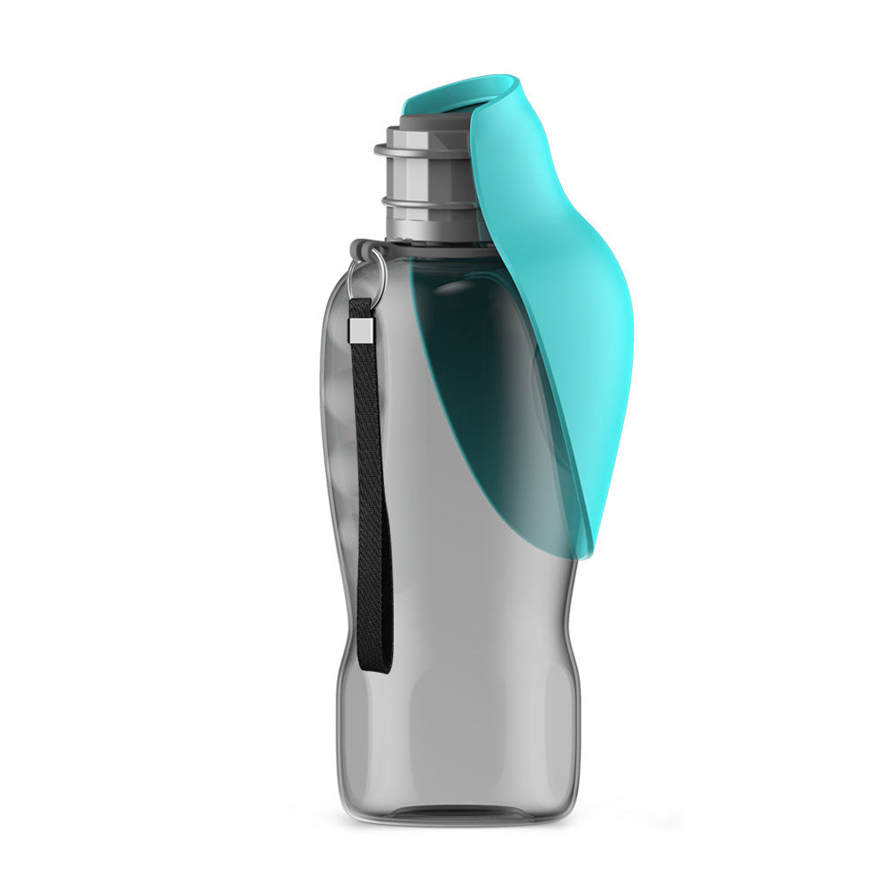 800ml high capacity dog water bottle with gray body and blue drinking spout by Shopi Vella