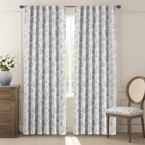 84 inch gray farmhouse curtains with floral pattern hanging on window in classic living room