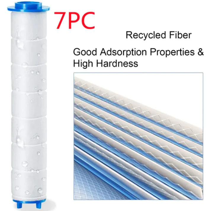 Set of 7 recycled fiber filter cartridges with good adsorption properties for stainless steel shower hose