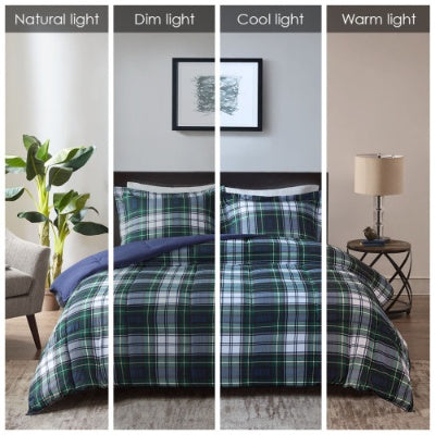Shopi Vella Scotchgard comforter set in green and blue plaid pattern shown in natural, dim, cool, and warm lighting