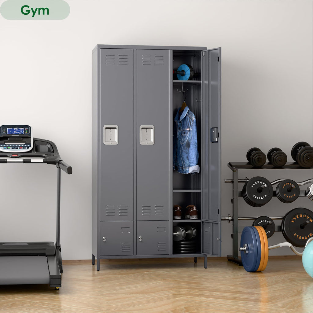 Shopi Vella metal storage locker with doors in gray placed in a gym with hanging clothes and workout equipment