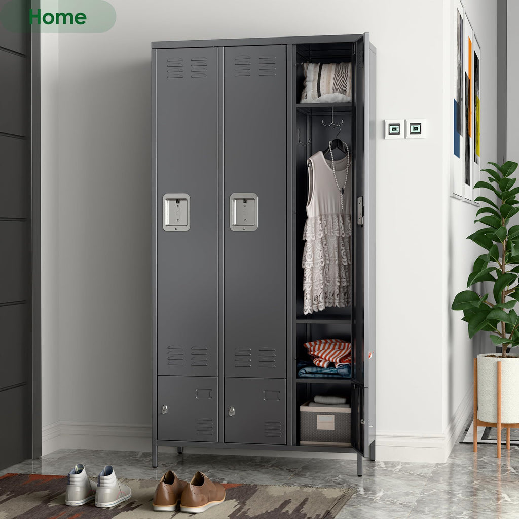 Shopi Vella metal storage locker with doors in gray holding clothes and accessories in modern interior