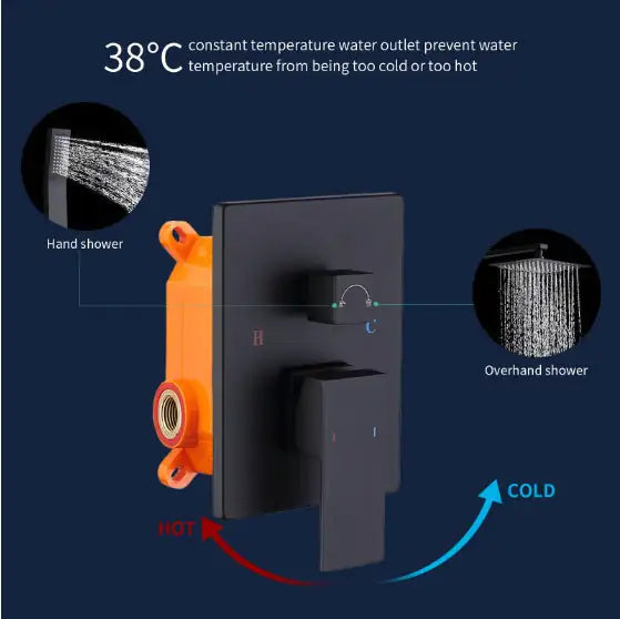Matte black rainfall shower system with hand shower and overhand shower temperature control for hot and cold water