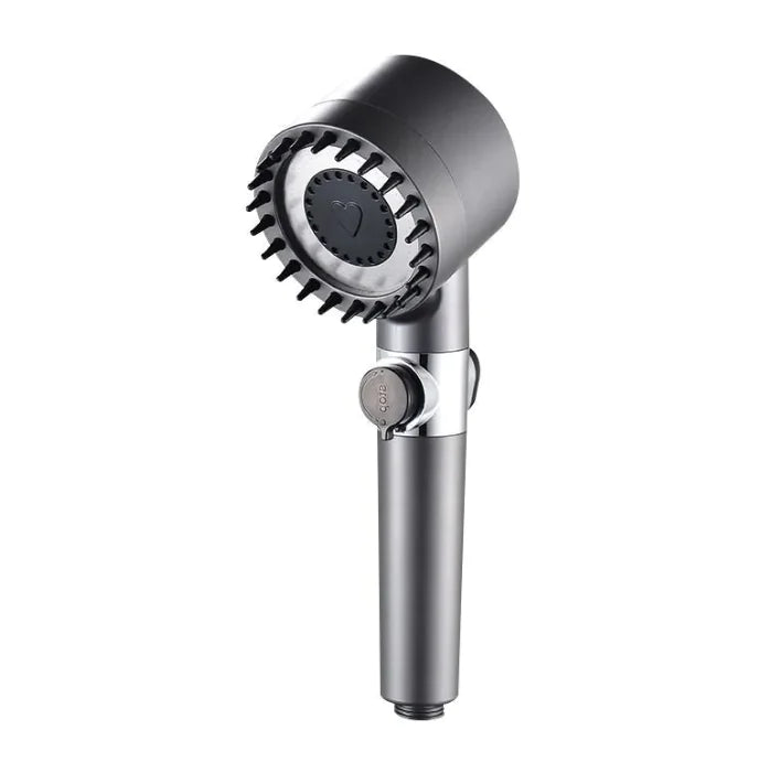 Gray handheld showerhead with adjustable spray settings compatible with stainless steel shower hose