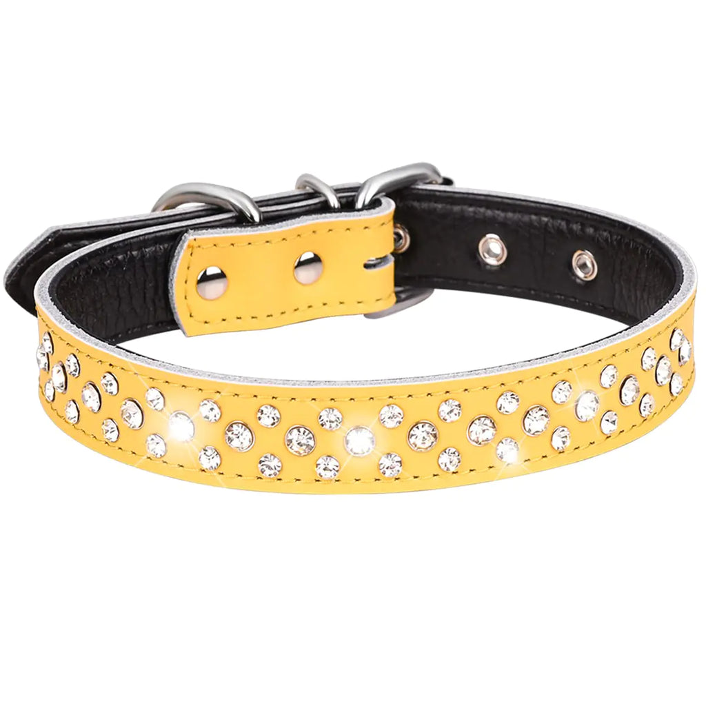 Generic Rhinestones Dog Collar Adjustable Sparkly Crystal Studded Genuine Leather Pet Dog Collar for Small and Medium Dogs (Yellow S)