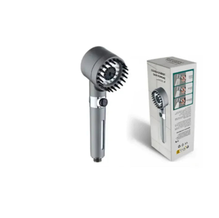Gray handheld showerhead with packaging box showcasing stainless steel shower hose