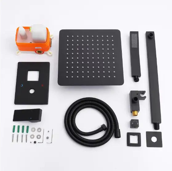 Matte black rainfall shower system components including showerhead, handheld sprayer, hose, and mounting hardware