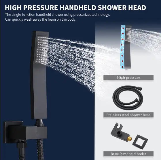 Matte black rainfall shower system handheld shower head with high pressure and stainless steel hose