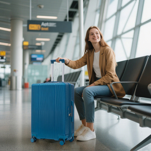 Shopi Vella blue ABS spinner wheel luggage set with a woman sitting in airport waiting area
