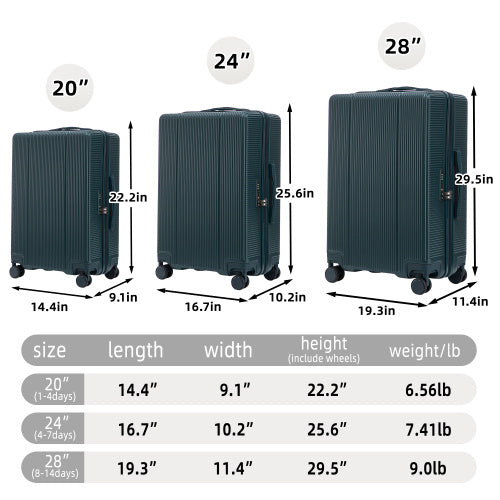 Shopi Vella ABS spinner wheel luggage set in three sizes 20 inch, 24 inch, and 28 inch with black textured hard shell