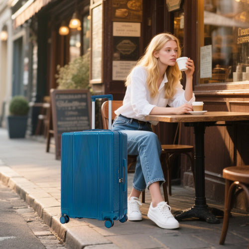 Woman sitting at outdoor cafe with blue ABS spinner wheel luggage set by Shopi Vella on sidewalk