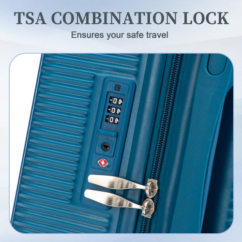 Close up of TSA combination lock on blue ABS spinner wheel luggage set by Shopi Vella