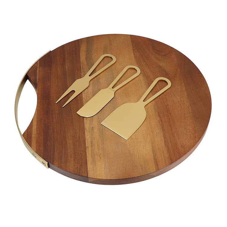 Shopi Vella round wooden cheese board and knife set with gold handles for kitchen storage