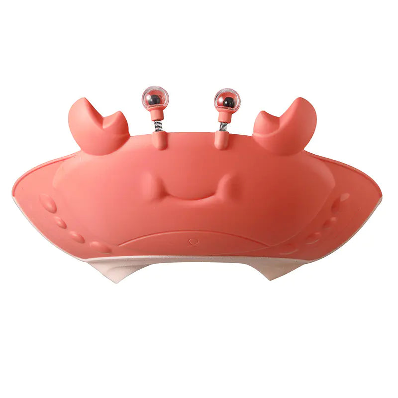 Cute crab-shaped adjustable baby shower cap in coral pink with eye stalks for toddlers