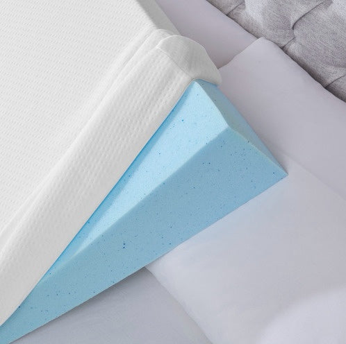 Shopi Vella bedding set with blue adjustable back support pillow featuring a supportive foam wedge design