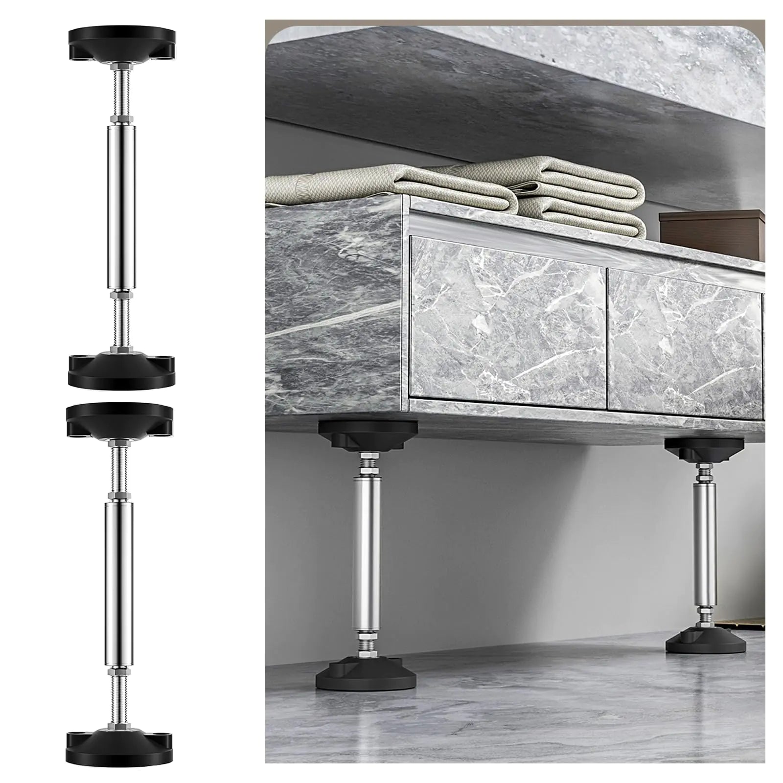 Adjustable bed frame support legs in metal and black design supporting a modern grey cabinet