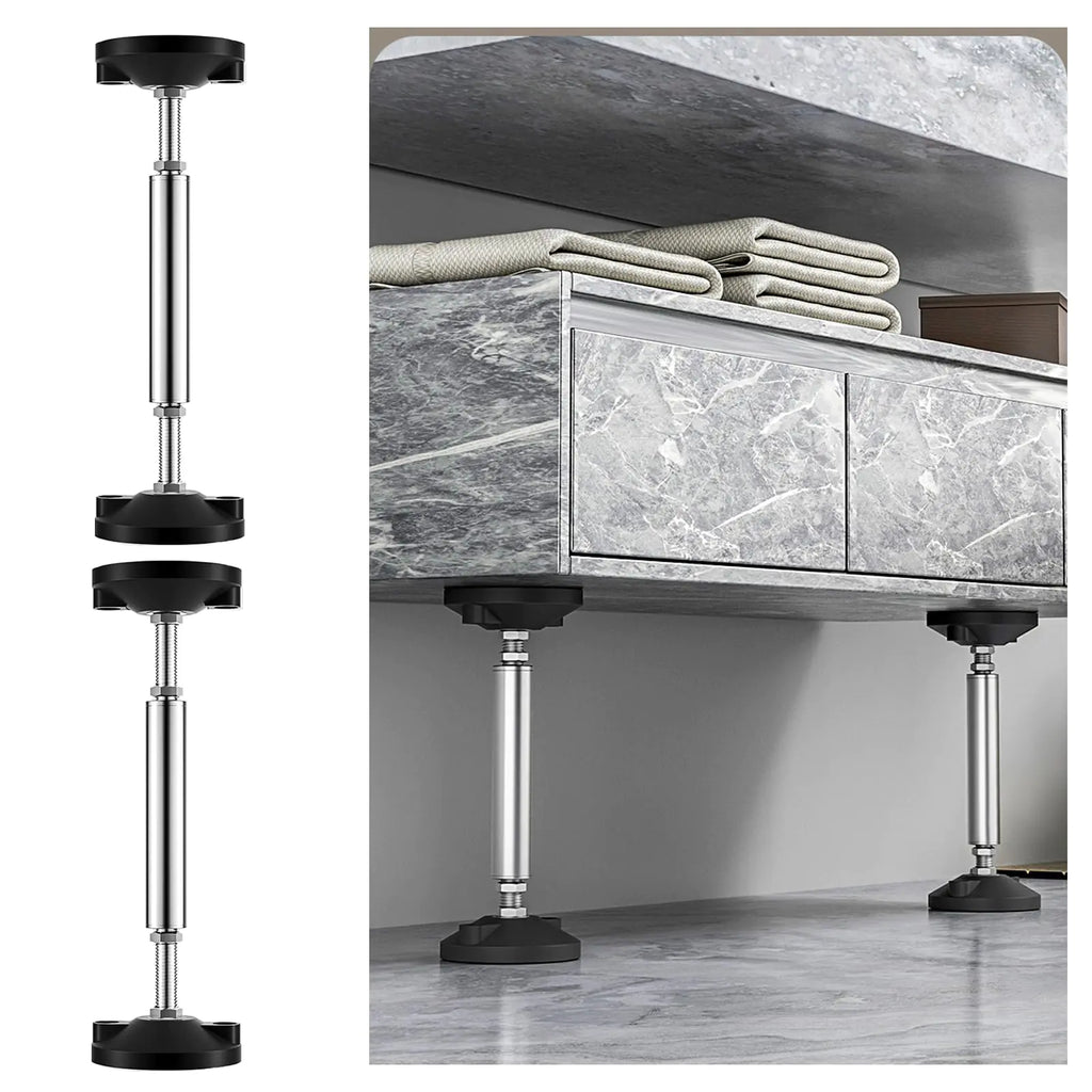 Adjustable bed frame support legs in metallic finish supporting a gray marble furniture piece
