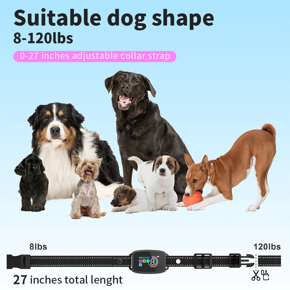 Rechargeable bark stopper for dogs with adjustable collar strap fitting dogs 8 to 120 pounds