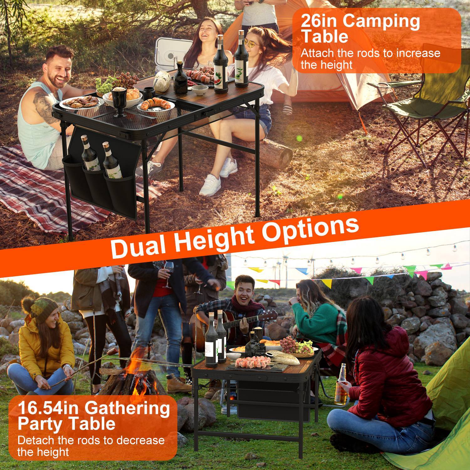 Shopi Vella adjustable height picnic grill table shown as 26-inch camping table and 16.54-inch gathering party table in outdoor settings