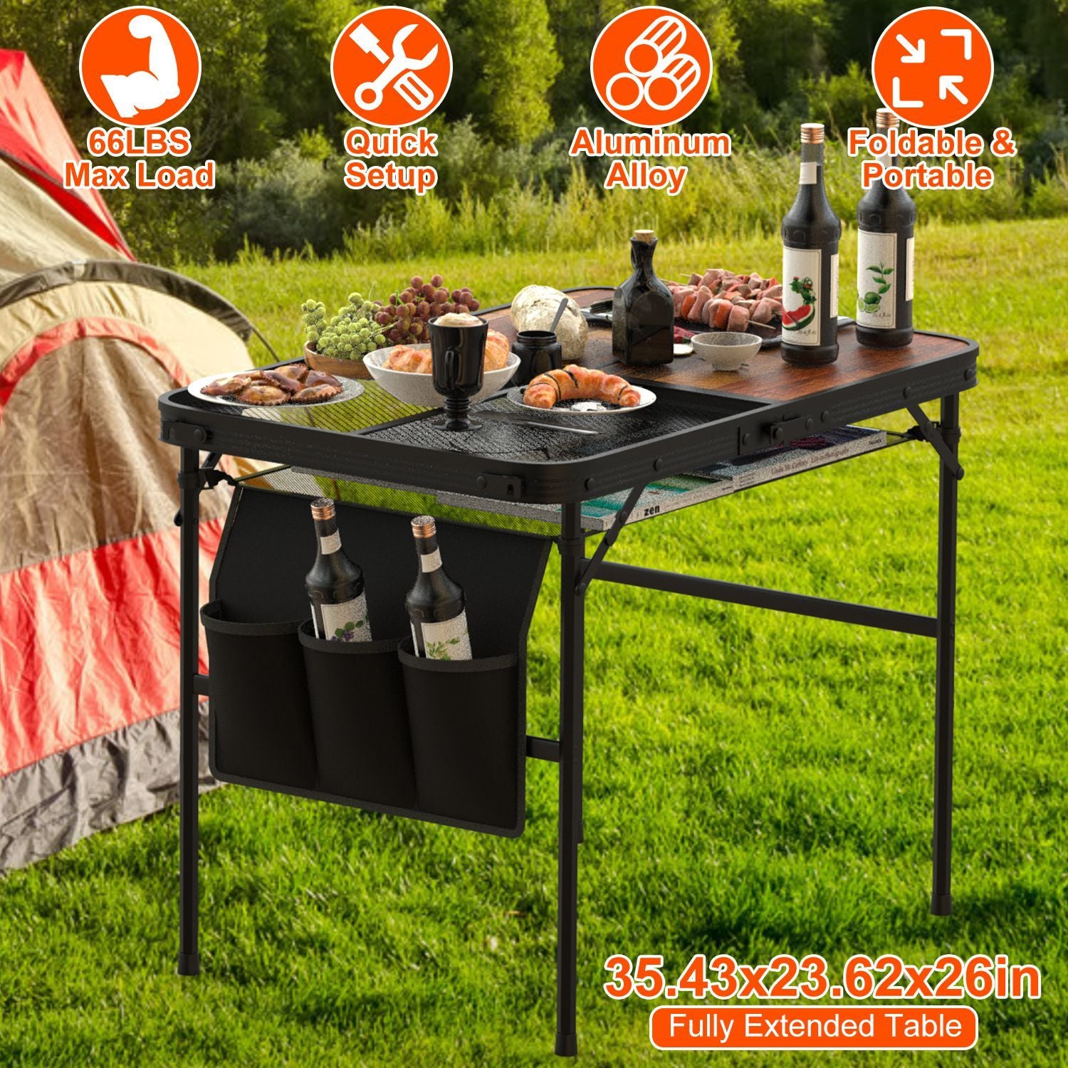 Shopi Vella adjustable height picnic grill table with foldable aluminum alloy frame and attached side storage
