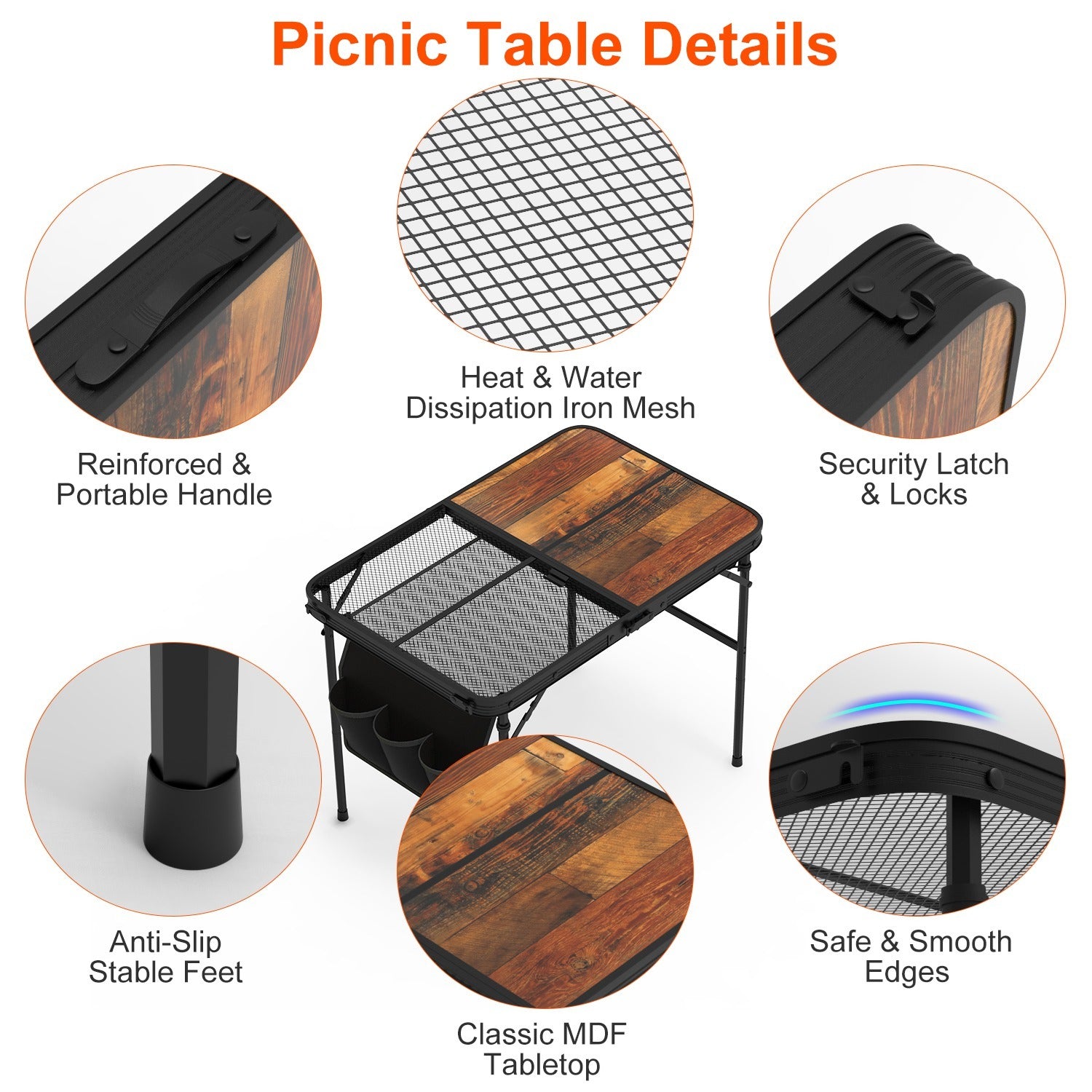 Adjustable height picnic grill table by Shopi Vella with reinforced handles, iron mesh, security locks, anti-slip feet, and classic MDF tabletop