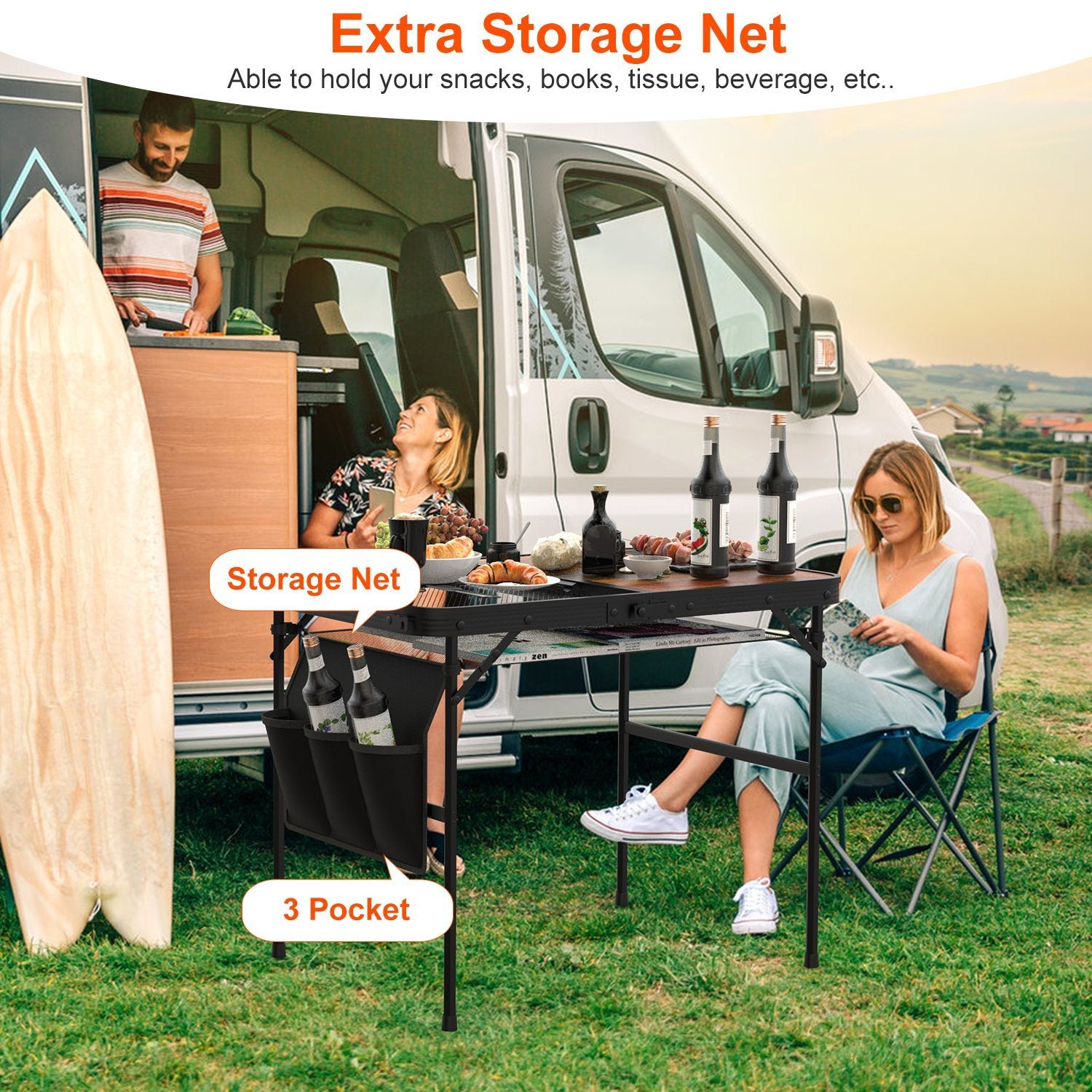 Shopi Vella adjustable height picnic grill table with extra storage net and three pockets outdoors