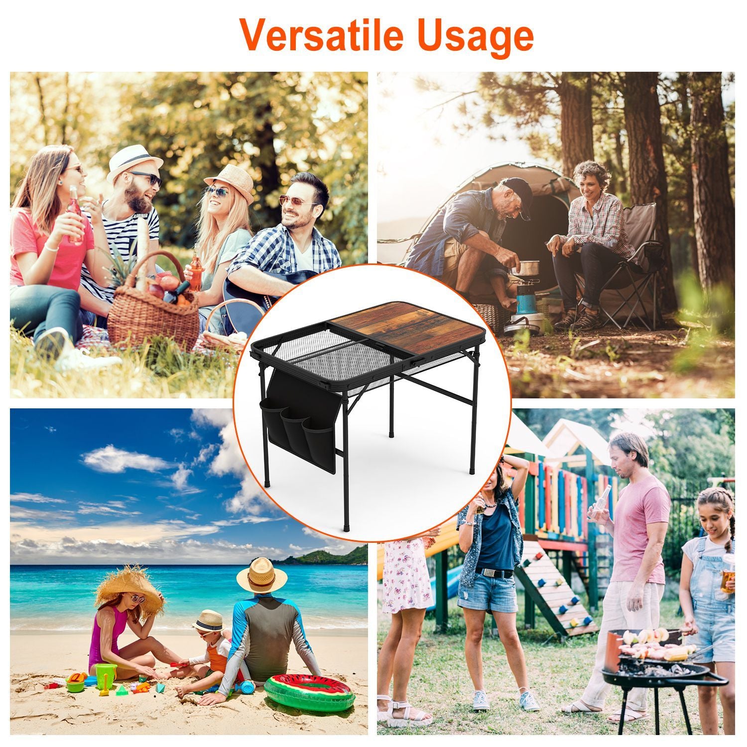 Shopi Vella adjustable height picnic grill table used outdoors at beach, park, camping, and picnic settings