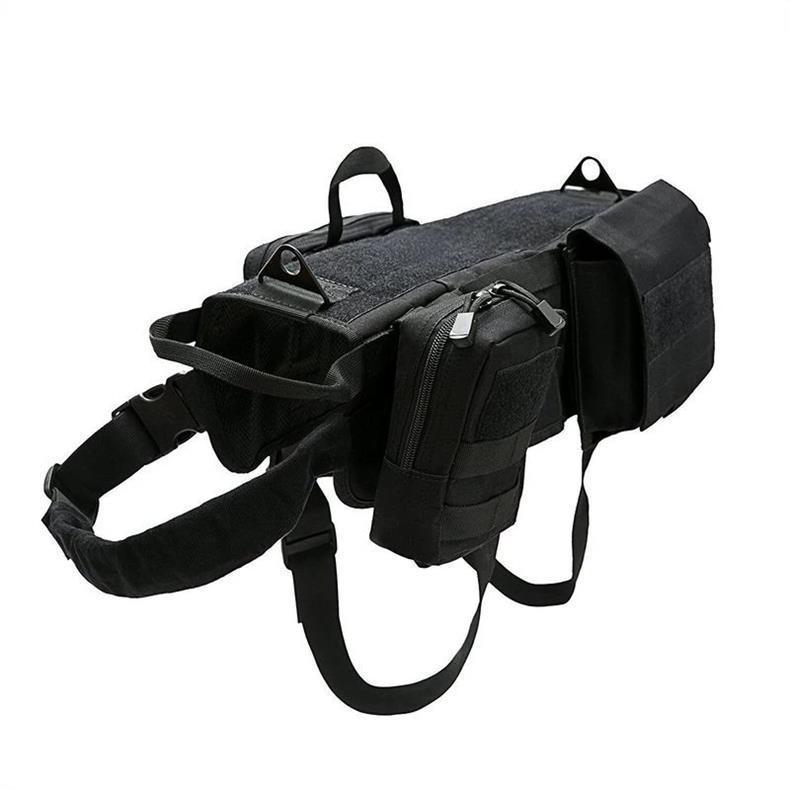 Adjustable military dog vest in black with multiple storage pockets and sturdy straps