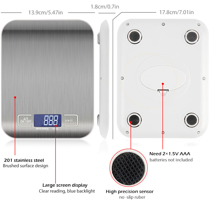 Shopi Vella 5kg kitchen measuring scale with stainless steel surface and digital blue backlight display