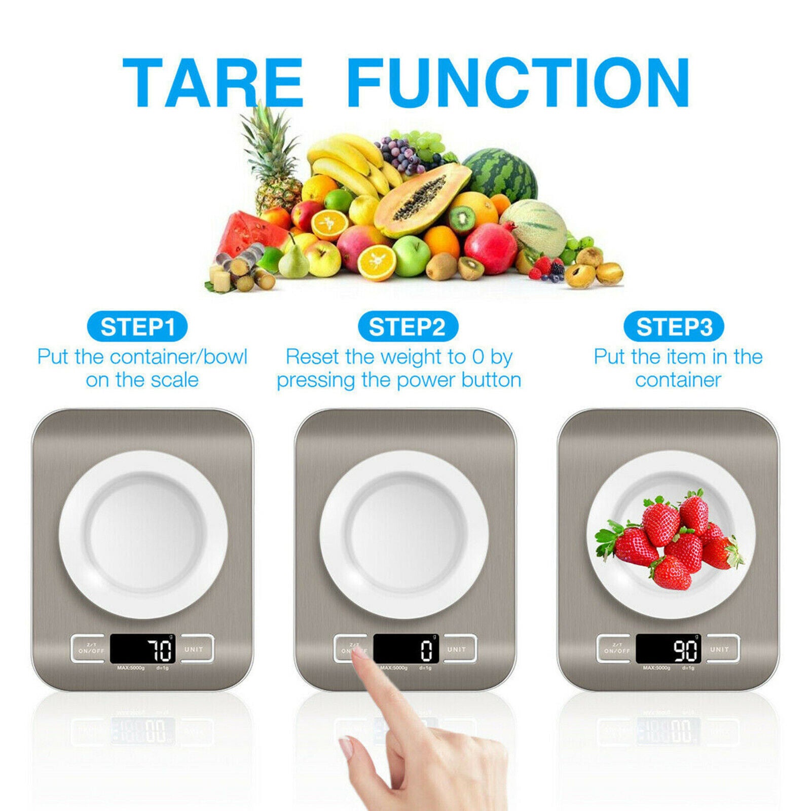 Shopi Vella 5kg kitchen measuring scale demonstrating tare function with bowls and strawberries