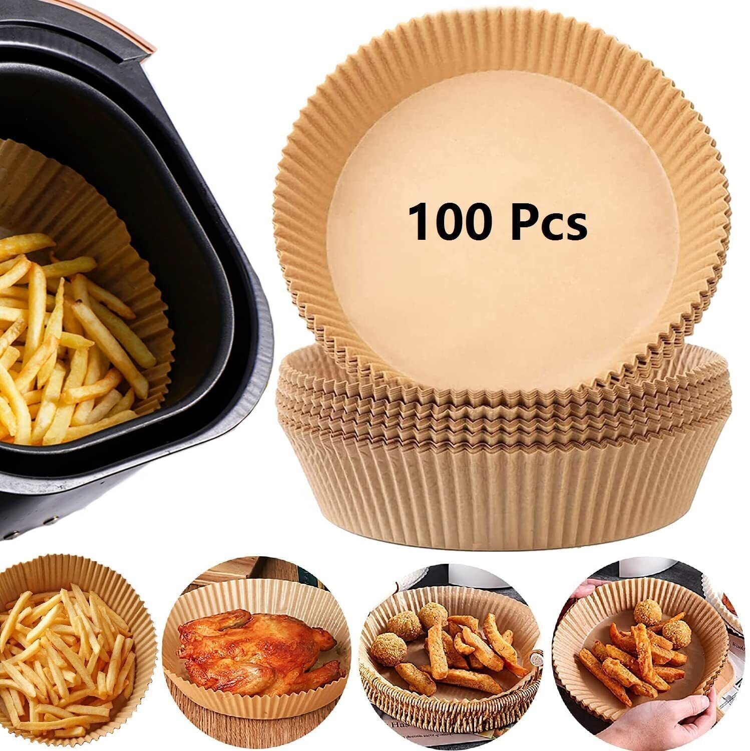 Shopi Vella 100 pcs air fryer disposable liners in brown paper with fries and chicken in air fryer basket