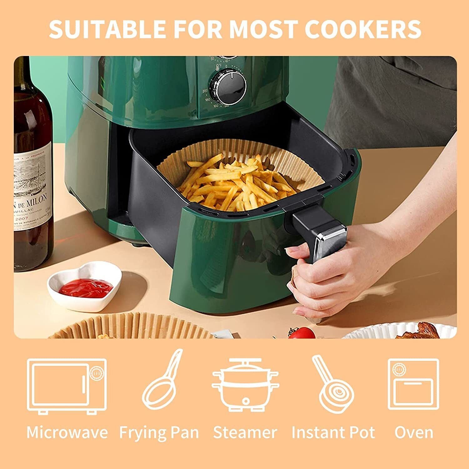 Shopi Vella air fryer disposable liners used in green air fryer with crispy fries inside
