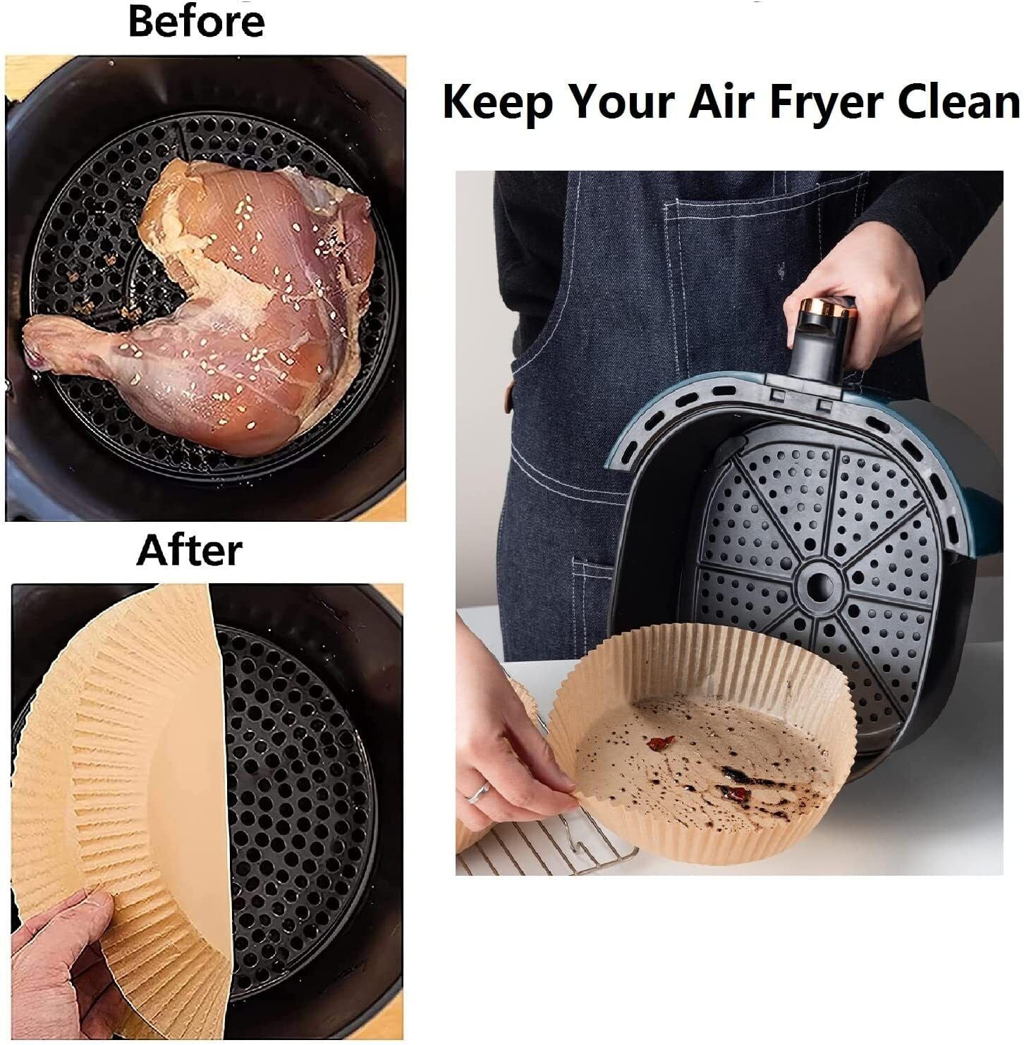 Shopi Vella air fryer disposable liners keeping air fryer clean with before and after food residue