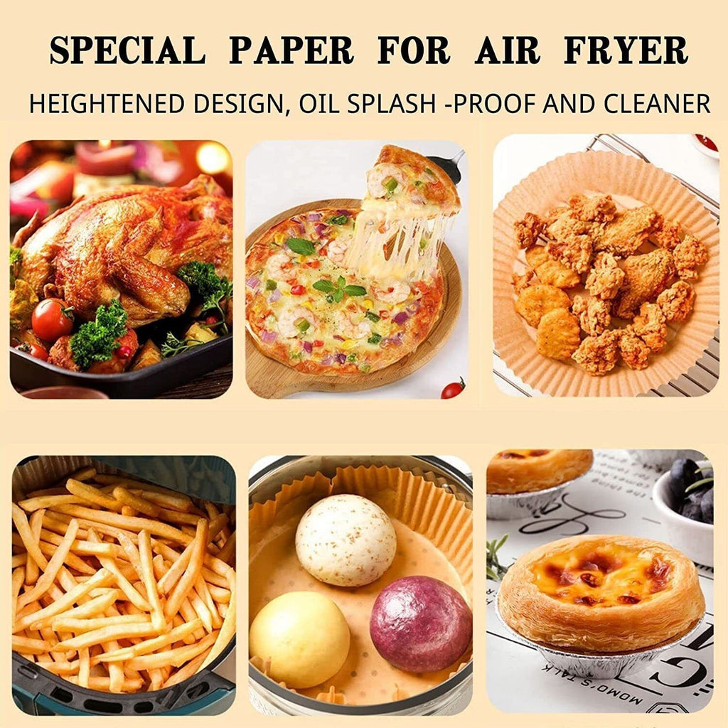 Shopi Vella air fryer disposable liners in use with fried chicken, pizza, fries, dough balls, and pastries