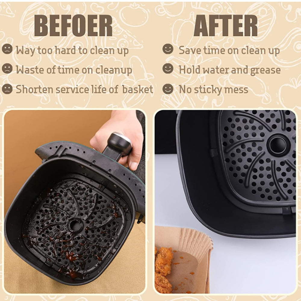 Shopi Vella air fryer basket before and after using air fryer disposable paper liners for easy cleanup