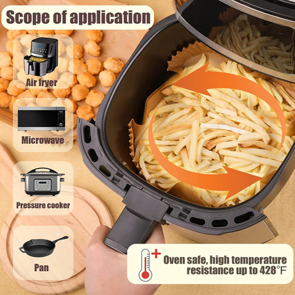 Shopi Vella air fryer disposable paper liners shown in air fryer with fries and usage in microwave pressure cooker and pan