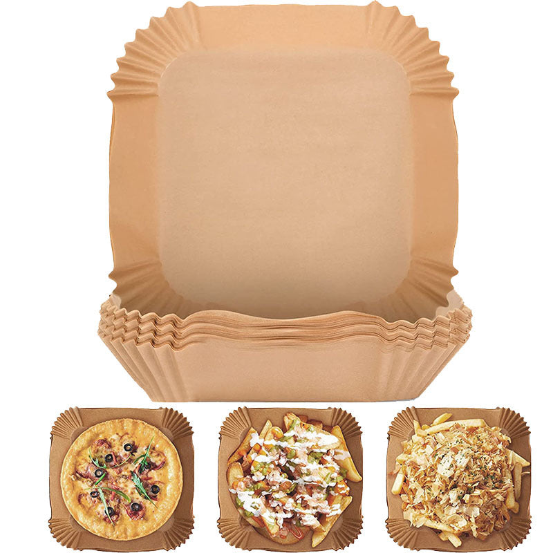 Shopi Vella air fryer disposable paper liners brown square greaseproof bakeware liners with food examples