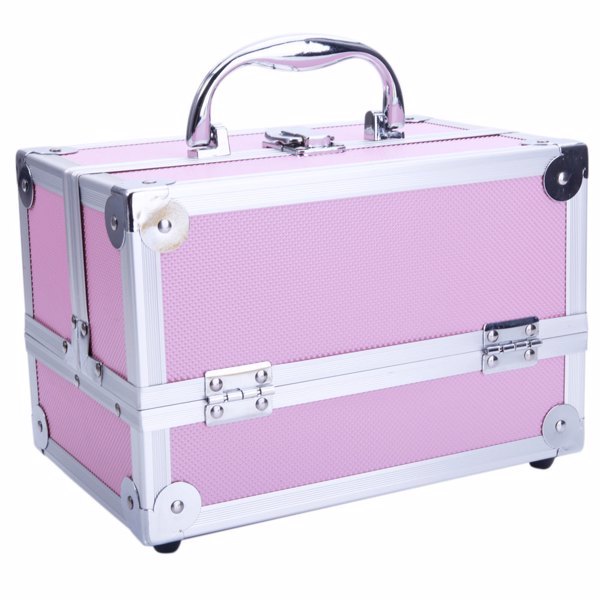 Shopi Vella pink aluminum makeup case with mirror and silver handle for storage