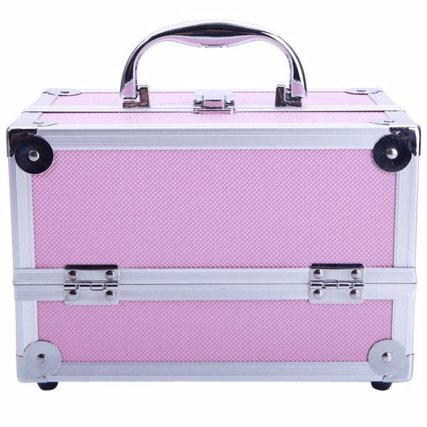 Shopi Vella pink aluminum makeup case with mirror and sturdy handle for convenient storage