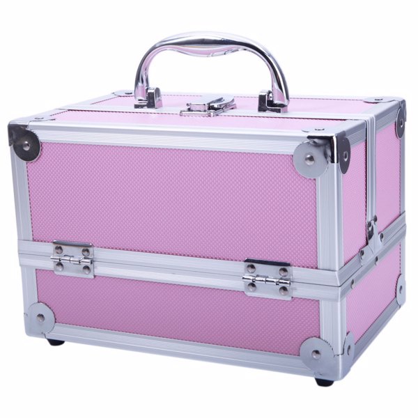 Shopi Vella pink aluminum makeup case with mirror and sturdy handle for cosmetic storage