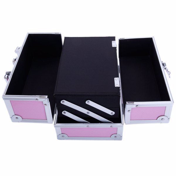 Shopi Vella pink aluminum makeup case with mirror and multiple compartments for organized storage